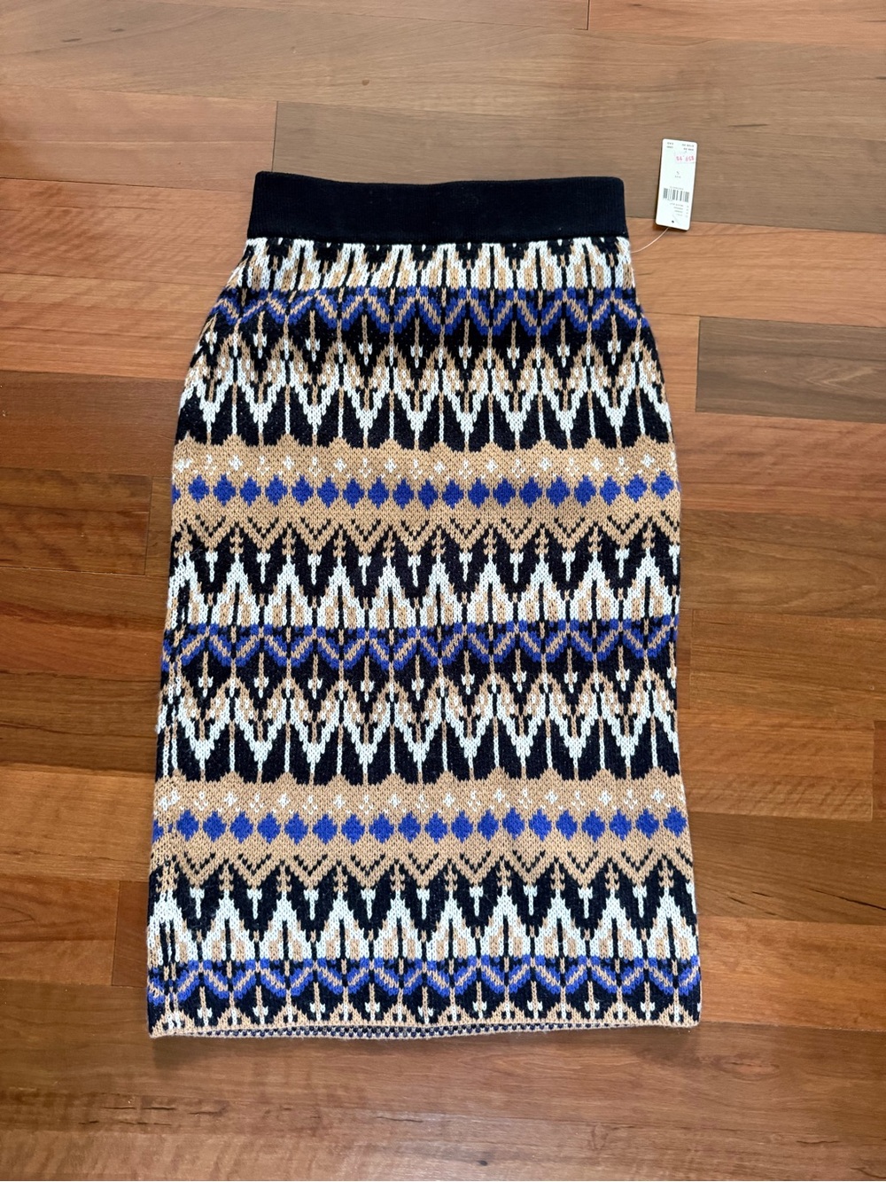 Anthropologie Patterned Knit Pencil Skirt in Black, Tan & Blue